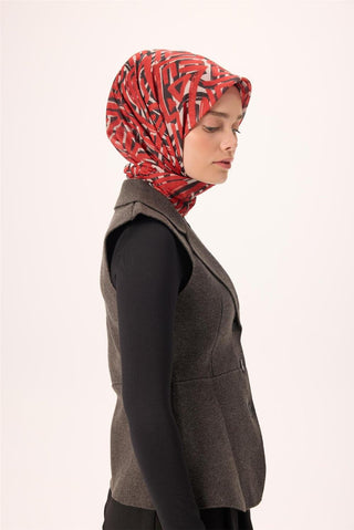 İnce Pamuk Soft Eşarp Krem Kırmızı Siyah Desenli Nefes Alan 90X90
