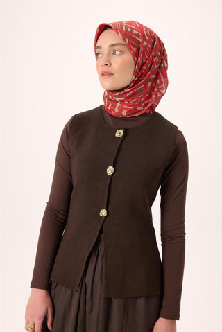İnce Pamuk Soft Eşarp Krem Kırmızı Kahverengi Desenli Nefes Alan 90X90 - Soft Eşarp - | Silk Home