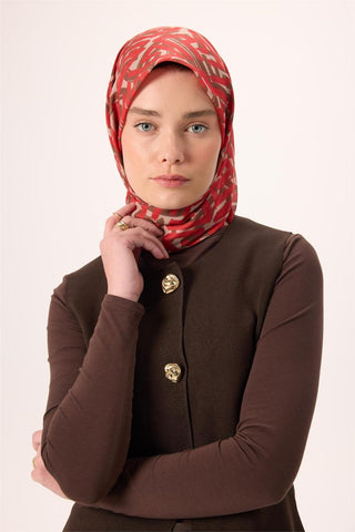 İnce Pamuk Soft Eşarp Krem Kırmızı Kahverengi Desenli Nefes Alan 90X90 - Soft Eşarp - | Silk Home