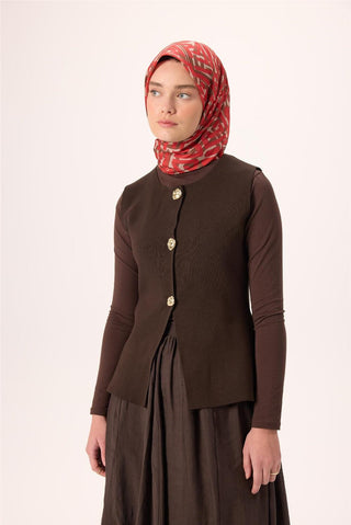 İnce Pamuk Soft Eşarp Krem Kırmızı Kahverengi Desenli Nefes Alan 90X90