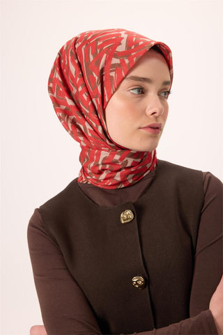 İnce Pamuk Soft Eşarp Krem Kırmızı Kahverengi Desenli Nefes Alan 90X90