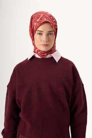 İnce Pamuk Soft Eşarp Pudra Kızıl Turuncu Şeftali Desenli Nefes Alan 90X90 - Soft Eşarp - | Silk Home
