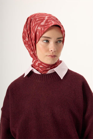 İnce Pamuk Soft Eşarp Pudra Kızıl Turuncu Şeftali Desenli Nefes Alan 90X90 - Soft Eşarp - | Silk Home