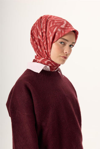 İnce Pamuk Soft Eşarp Pudra Kızıl Turuncu Şeftali Desenli Nefes Alan 90X90 - Soft Eşarp - | Silk Home