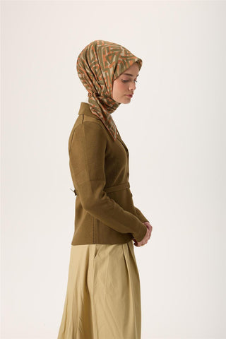 İnce Pamuk Soft Eşarp Küf Yeşili Turuncu Haki Desenli Nefes Alan 90X90