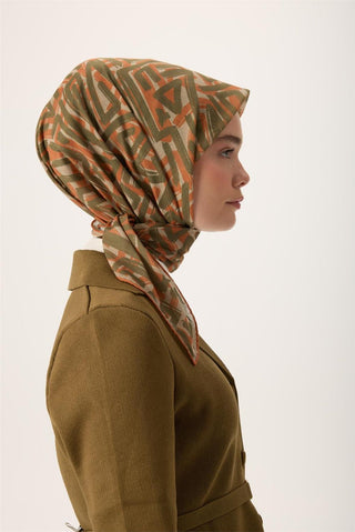 İnce Pamuk Soft Eşarp Küf Yeşili Turuncu Haki Desenli Nefes Alan 90X90