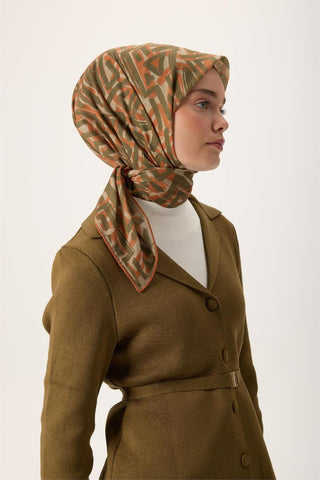 İnce Pamuk Soft Eşarp Küf Yeşili Turuncu Haki Desenli Nefes Alan 90X90