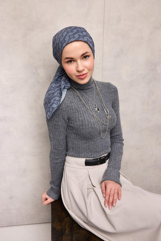 Pamuk Polyester Soft Eşarp Geometrik Desen Açık Mavi 90*90 - Soft Eşarp - | Silk Home