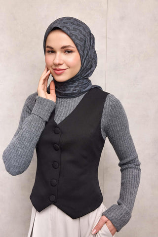 Pamuk Polyester Soft Eşarp Geometrik Desen Antrasit 90*90