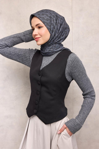 Pamuk Polyester Soft Eşarp Geometrik Desen Antrasit 90*90