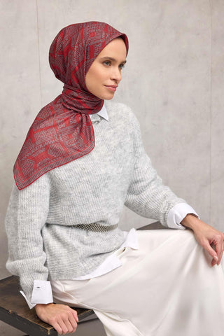 Pamuk Polyester Soft Eşarp Koyu Kırmızı Geometrik Desenli Kaymaz Tok Duruşlu 90X90 - Soft Eşarp - | Silk Home