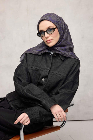 Pamuk Polyester Soft Eşarp Gri Yeşil Geometrik Desenli Kaymaz Dokulu Tok Duruşlu 90X90 - Soft Eşarp - | Silk Home
