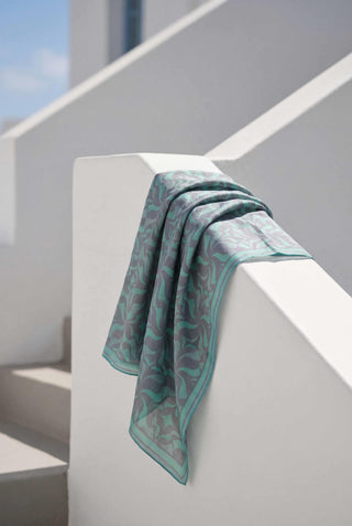 Cotton Blend Scarf, Light Grey, Geometric Wave Pattern, Soft Texture, Non-Slip, 90x90 cm.