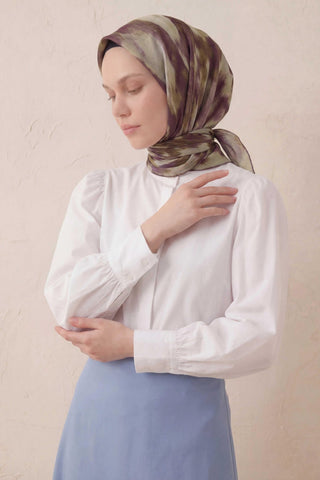 Pamuk Karışımlı Soft Eşarp Soyut Fırça Desen Su Yeşili 90X90 - Soft Eşarp - | Silk Home