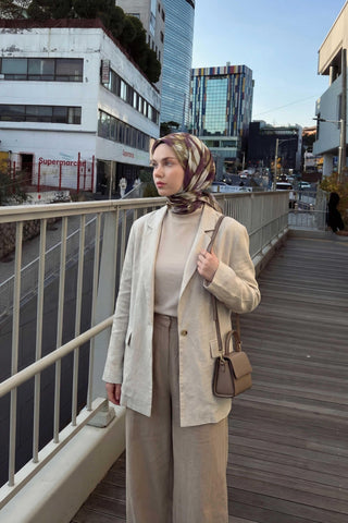 Pamuk Karışımlı Soft Eşarp Soyut Fırça Desen Su Yeşili 90X90 - Soft Eşarp - | Silk Home