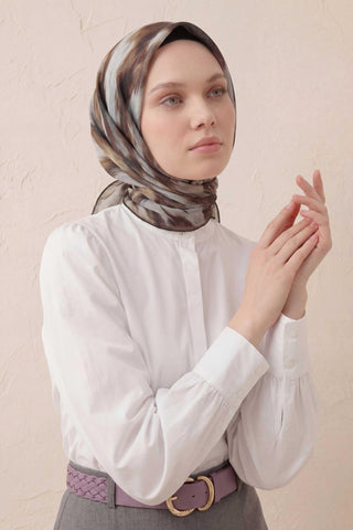 Pamuk Karışımlı Soft Eşarp Soyut Fırça Desen Uçuk Gri 90X90 - Soft Eşarp - | Silk Home