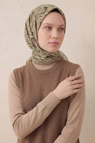 Pamuk Karışımlı Soft Eşarp Fırça Darbeli Desen Yeşil Bej 90x90 - Soft Eşarp - | Silk Home