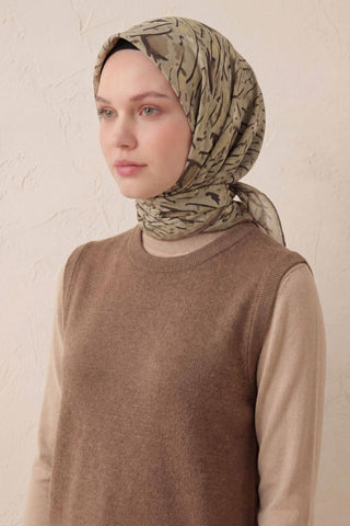 Pamuk Karışımlı Soft Eşarp Fırça Darbeli Desen Yeşil Bej 90x90 - Soft Eşarp - | Silk Home