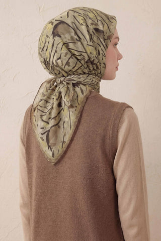 Pamuk Karışımlı Soft Eşarp Fırça Darbeli Desen Yeşil Bej 90x90 - Soft Eşarp - | Silk Home
