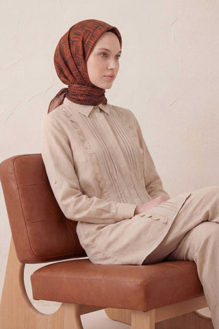 Pamuk Karışımlı Soft Eşarp Çizgi Desen Pas Rengi 90x90 - Soft Eşarp - | Silk Home