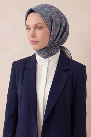 Pamuk Karışımlı Soft Eşarp Çizgi Desen Mavi 90x90 - Soft Eşarp - | Silk Home