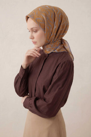 Pamuk Karışımlı Soft Eşarp Başak Desen Hardal 90x90 - Soft Eşarp - | Silk Home