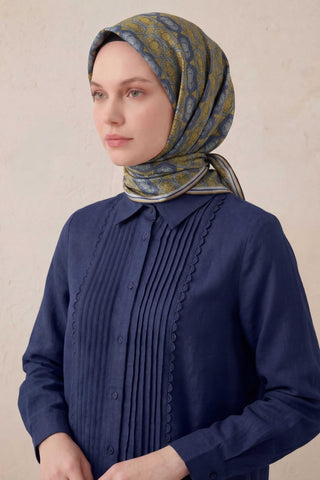 Pamuk Karışımlı Soft Eşarp Osmanlı Motif Desen Mavi 90x90 - Soft Eşarp - | Silk Home