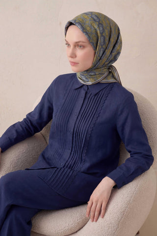 Pamuk Karışımlı Soft Eşarp Osmanlı Motif Desen Mavi 90x90 - Soft Eşarp - | Silk Home