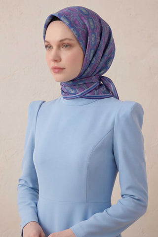 Pamuk Karışımlı Soft Eşarp Osmanlı Motif Desen Saks Mavi 90x90 - Soft Eşarp - | Silk Home