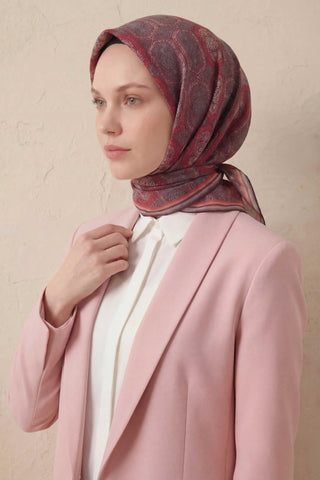 Pamuk Karışımlı Soft Eşarp Osmanlı Motif Desen Vişne Çürüğü 90x90 - Soft Eşarp - | Silk Home