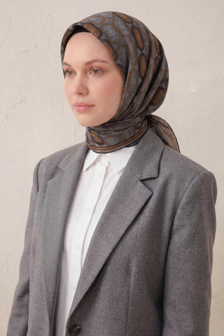 Pamuk Karışımlı Soft Eşarp Osmanlı Motif Desen Koyu Gri 90x90 - Soft Eşarp - | Silk Home