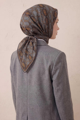 Pamuk Karışımlı Soft Eşarp Osmanlı Motif Desen Koyu Gri 90x90 - Soft Eşarp - | Silk Home