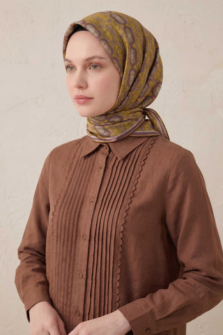 Pamuk Karışımlı Soft Eşarp Osmanlı Motif Desen Kahve Yeşil 90x90 - Soft Eşarp - | Silk Home