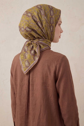 Pamuk Karışımlı Soft Eşarp Osmanlı Motif Desen Kahve Yeşil 90x90 - Soft Eşarp - | Silk Home