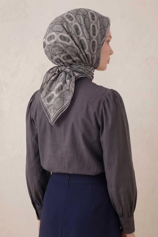 Pamuk Karışımlı Soft Eşarp Osmanlı Motif Desen Açık Gri 90x90 - Soft Eşarp - | Silk Home