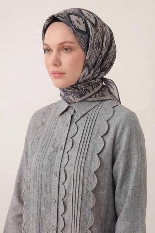 Pamuk Karışımlı Soft Eşarp Baklava Desen Gri 90x90 - Soft Eşarp - | Silk Home