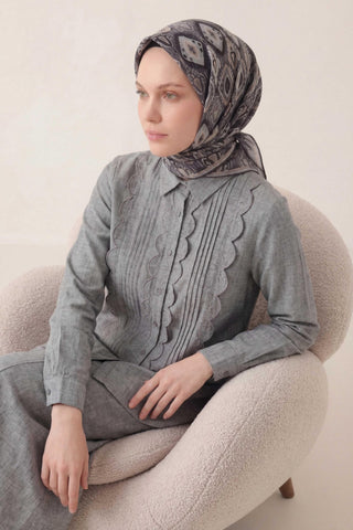 Pamuk Karışımlı Soft Eşarp Baklava Desen Gri 90x90 - Soft Eşarp - | Silk Home