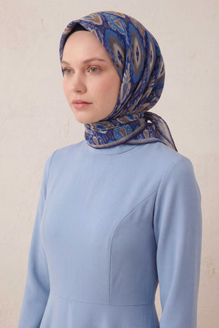Pamuk Karışımlı Soft Eşarp Baklava Desen Saks Mavi 90x90 - Soft Eşarp - | Silk Home