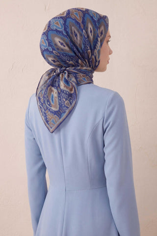 Pamuk Karışımlı Soft Eşarp Baklava Desen Saks Mavi 90x90 - Soft Eşarp - | Silk Home