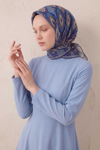 Pamuk Karışımlı Soft Eşarp Baklava Desen Saks Mavi 90x90 - Soft Eşarp - | Silk Home