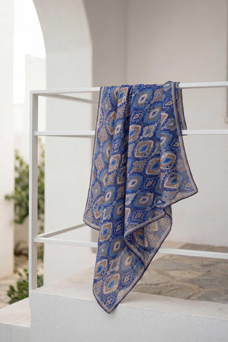 Pamuk Karışımlı Soft Eşarp Baklava Desen Saks Mavi 90x90 - Soft Eşarp - | Silk Home