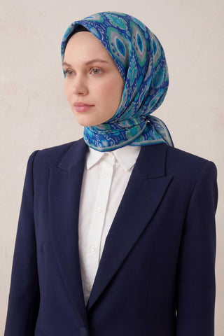 Pamuk Karışımlı Soft Eşarp Baklava Desen Saks Mavi 90x90 - Soft Eşarp - | Silk Home