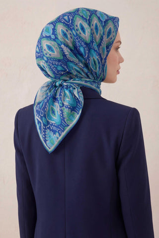 Pamuk Karışımlı Soft Eşarp Baklava Desen Saks Mavi 90x90 - Soft Eşarp - | Silk Home