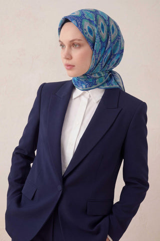 Pamuk Karışımlı Soft Eşarp Baklava Desen Saks Mavi 90x90 - Soft Eşarp - | Silk Home