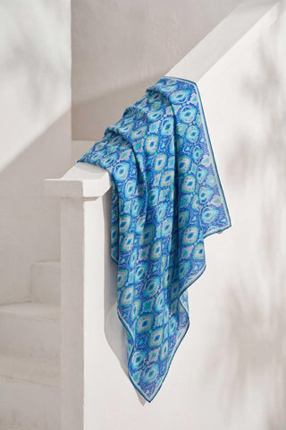 Pamuk Karışımlı Soft Eşarp Baklava Desen Saks Mavi 90x90 - Soft Eşarp - | Silk Home
