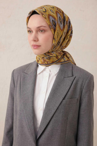 Pamuk Karışımlı Soft Eşarp Baklava Desen Hardal 90x90 - Soft Eşarp - | Silk Home