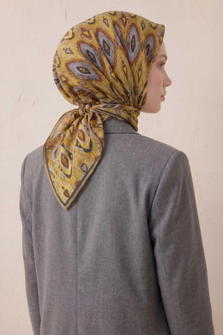 Pamuk Karışımlı Soft Eşarp Baklava Desen Hardal 90x90 - Soft Eşarp - | Silk Home
