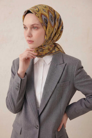 Pamuk Karışımlı Soft Eşarp Baklava Desen Hardal 90x90 - Soft Eşarp - | Silk Home