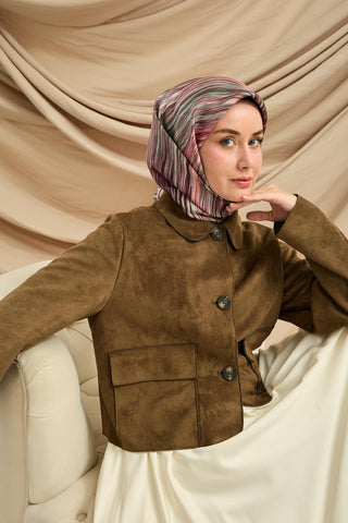 Twill İpek Eşarp Pudra-Yeşil Tonlu Kaymaz Tok Duruşlu Kumaş 90X90