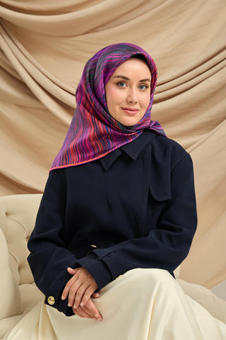 Twill Silk Scarf, Purple-Pink Pattern, Firm Structure, 90x90 cm 